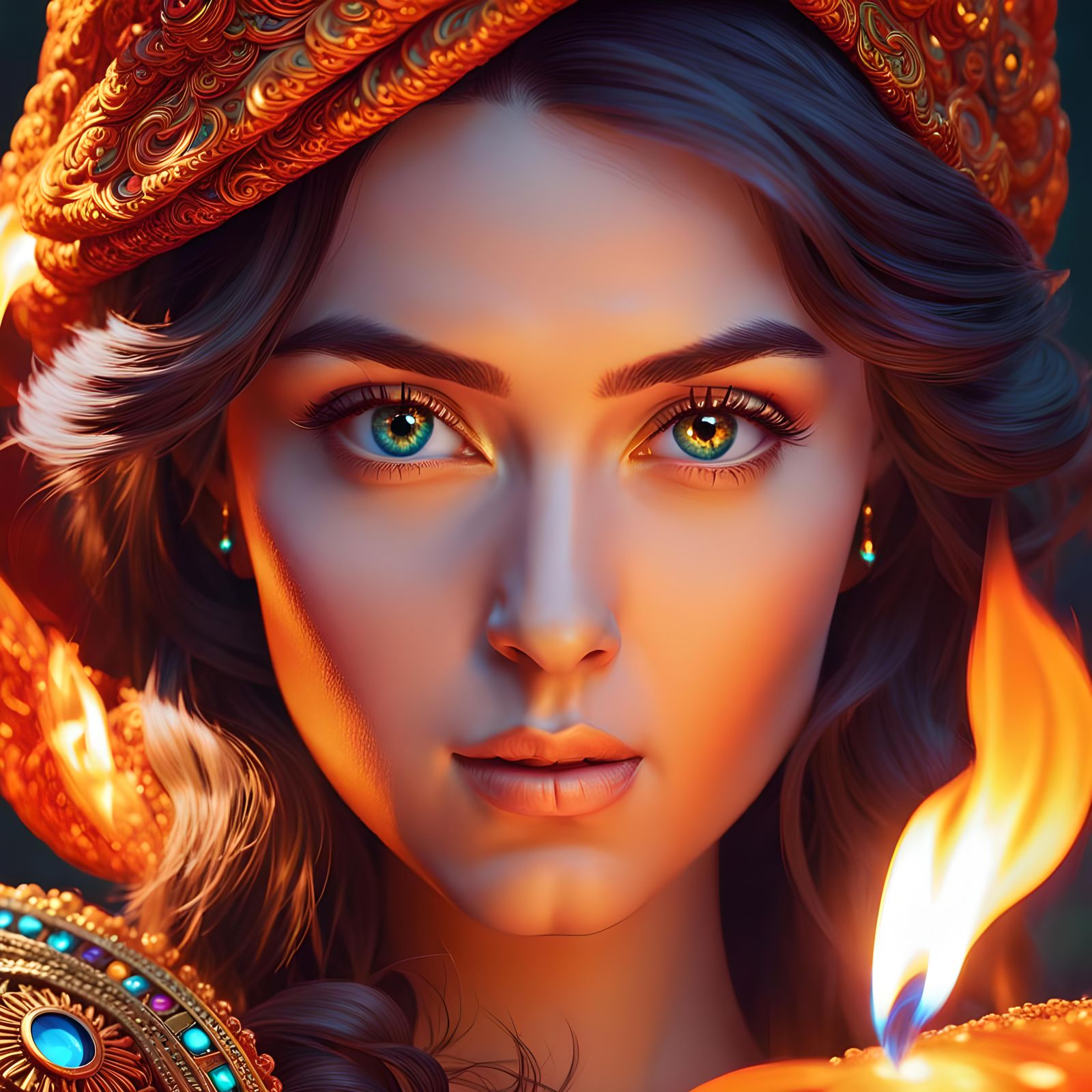 Close-up portrait of a beautiful woman holding a 🔥 flame, highlighting eyes that shimmer like embers, ...  by @Bunnzo