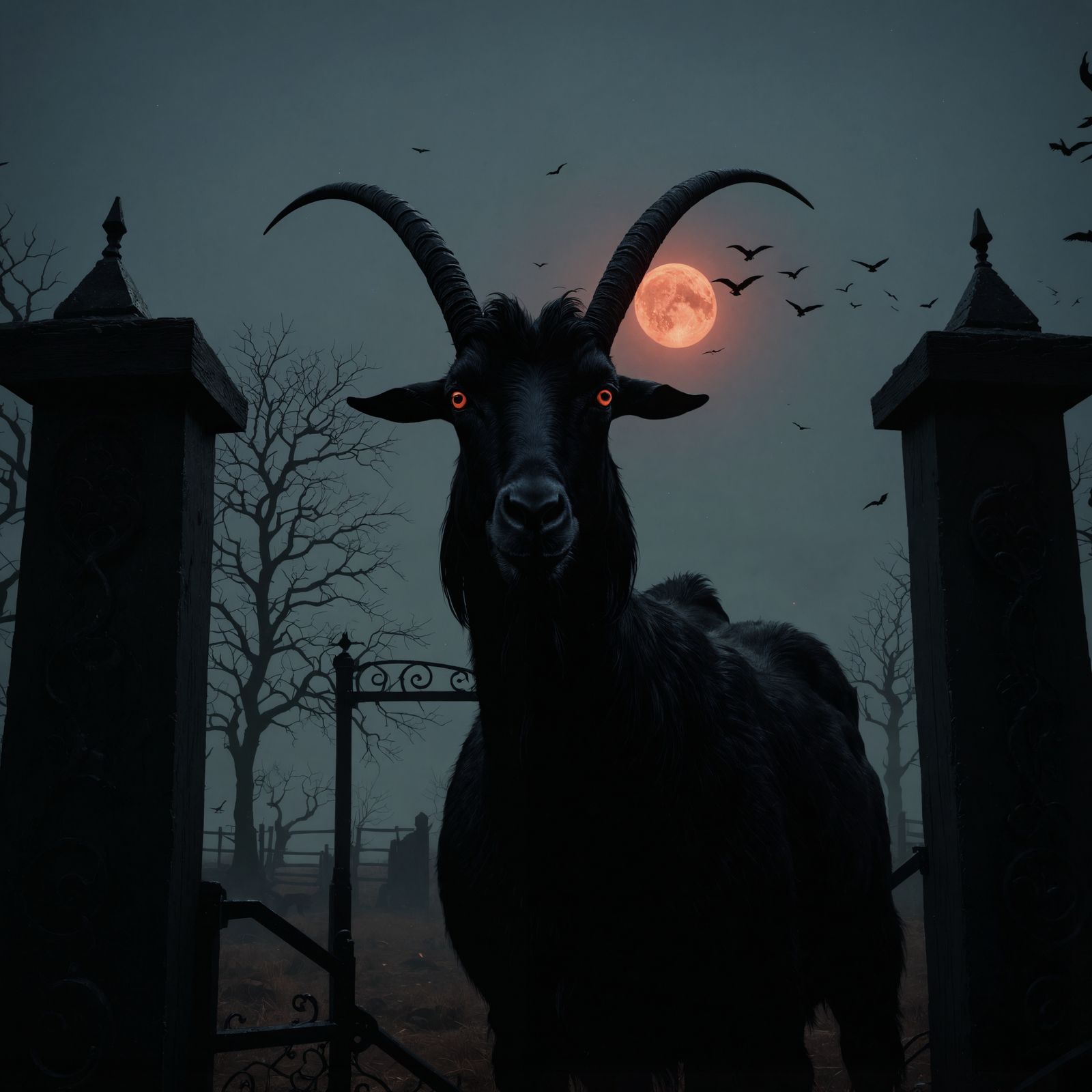 The goats eyes should have an eerie and menacing red glow. On top of the gate posts and flying in the air should be very...