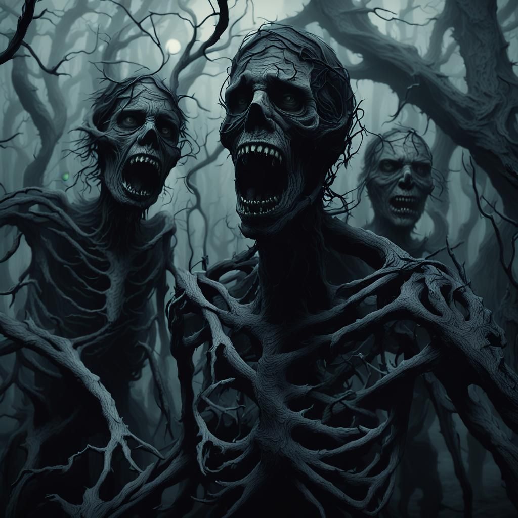 Lost Travelers in Mist-Shrouded Forest: Digital Art