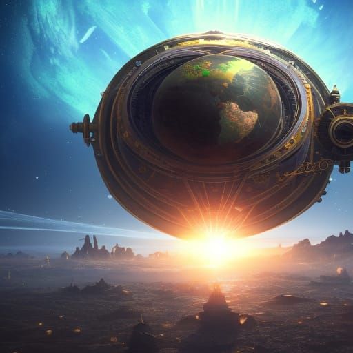 Entire planet of steampunk, vibrant, in space, stars, 8k resolution concept art detailed matte painting intricately deta...