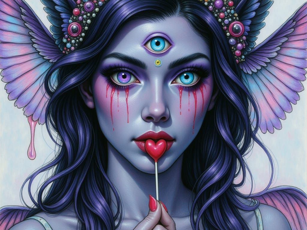 <lora:Third Eye:1.0> Surreal fantasy pin-up of a candycore "TRICLOPS" femme fatale in a retro bubblegum aesthetic. 
The purple skinned Tricl...