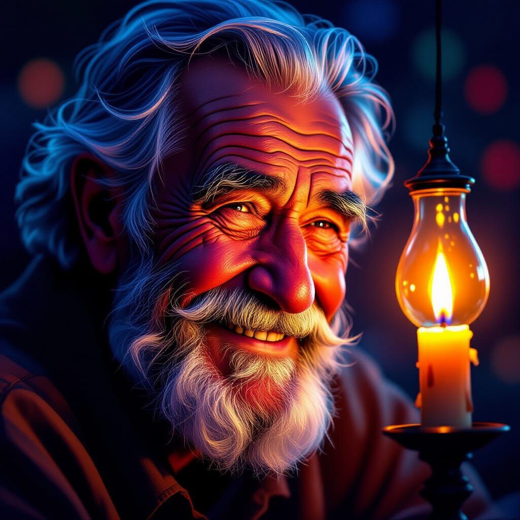 Wise Old Man's Kind Smile in Candlelight