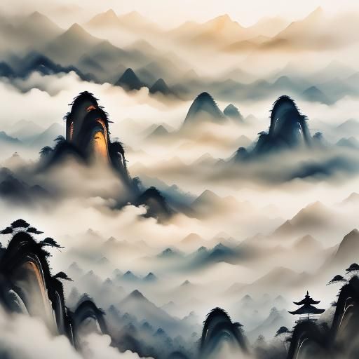 Mountains and mist, muted chinese ink painting, muted color, rice paper texture, splash paint, wet to wet techniques, perfect balance compos...