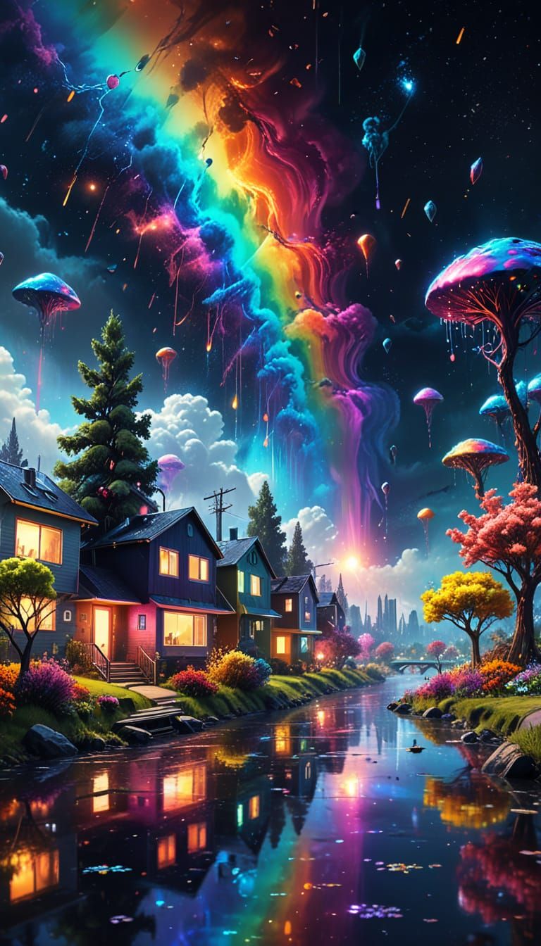 Rainbow droplets Nebula futuristic homes in space river and futuristic trees and flowers