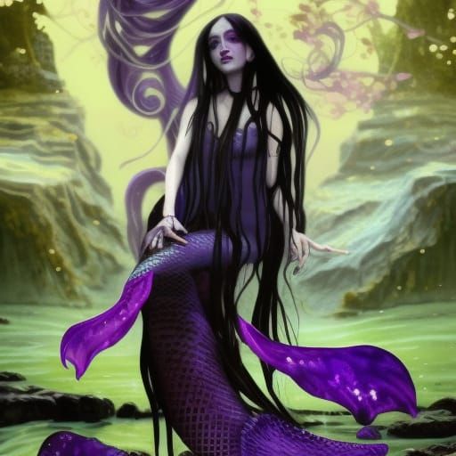 Ethereal gothic mermaid with long black hair& Beautiful purple eyes