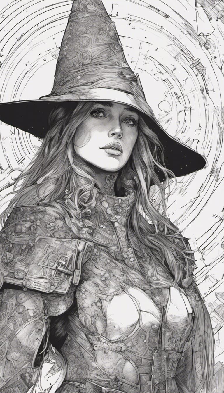 Elegant Monochrome close up portrait, a pretty witch weraing...