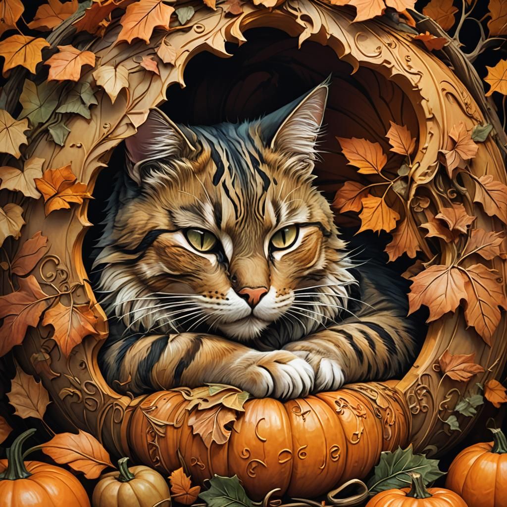 Cat Nap: Whimsical Carved Pumpkin Digital Art