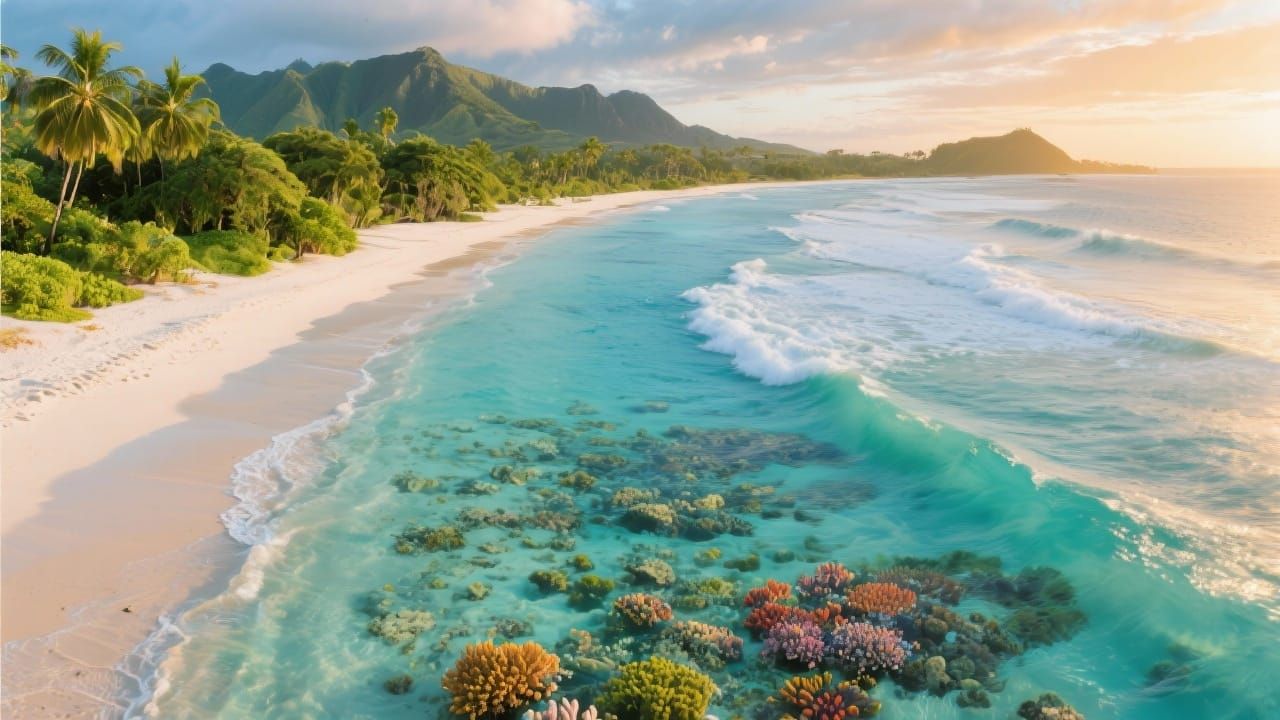 A stunning view of the beaches of Mauritius, with white sandy shores and crystal-clear turquoise waters, bordered by lush greenery and color...