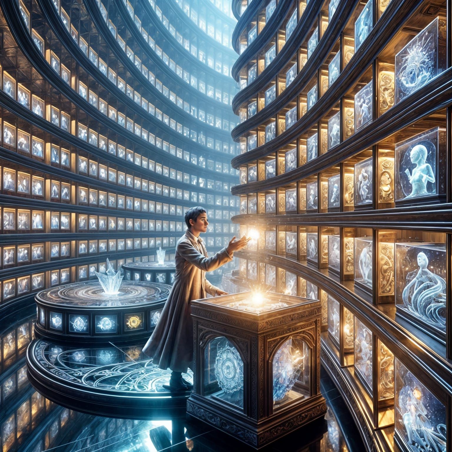 A Memory Curator carefully places a glowing, crystal-like memory into an ornate display case in a surreal, ...  by @morr5750