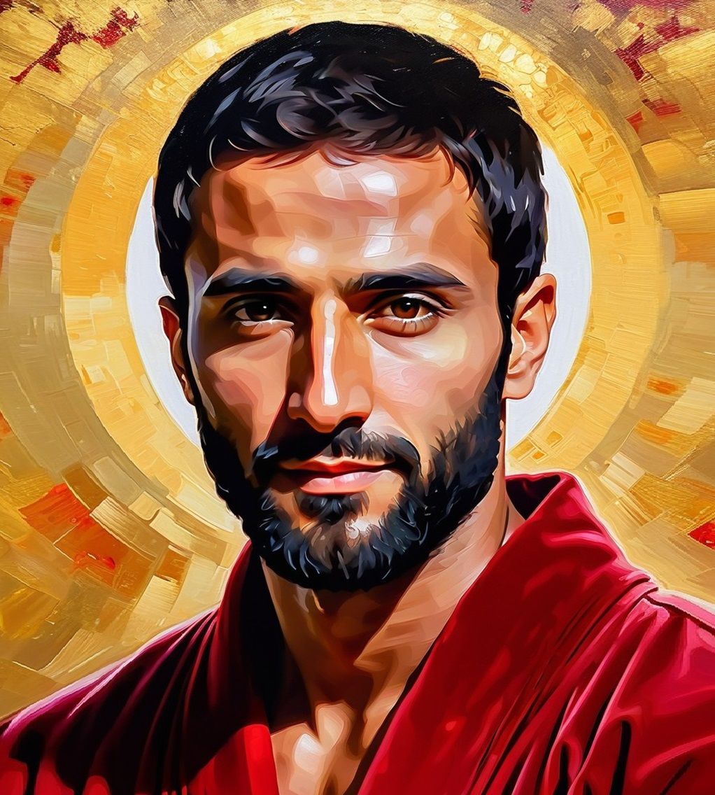 A handsome bearded man wearing a red    velours robe