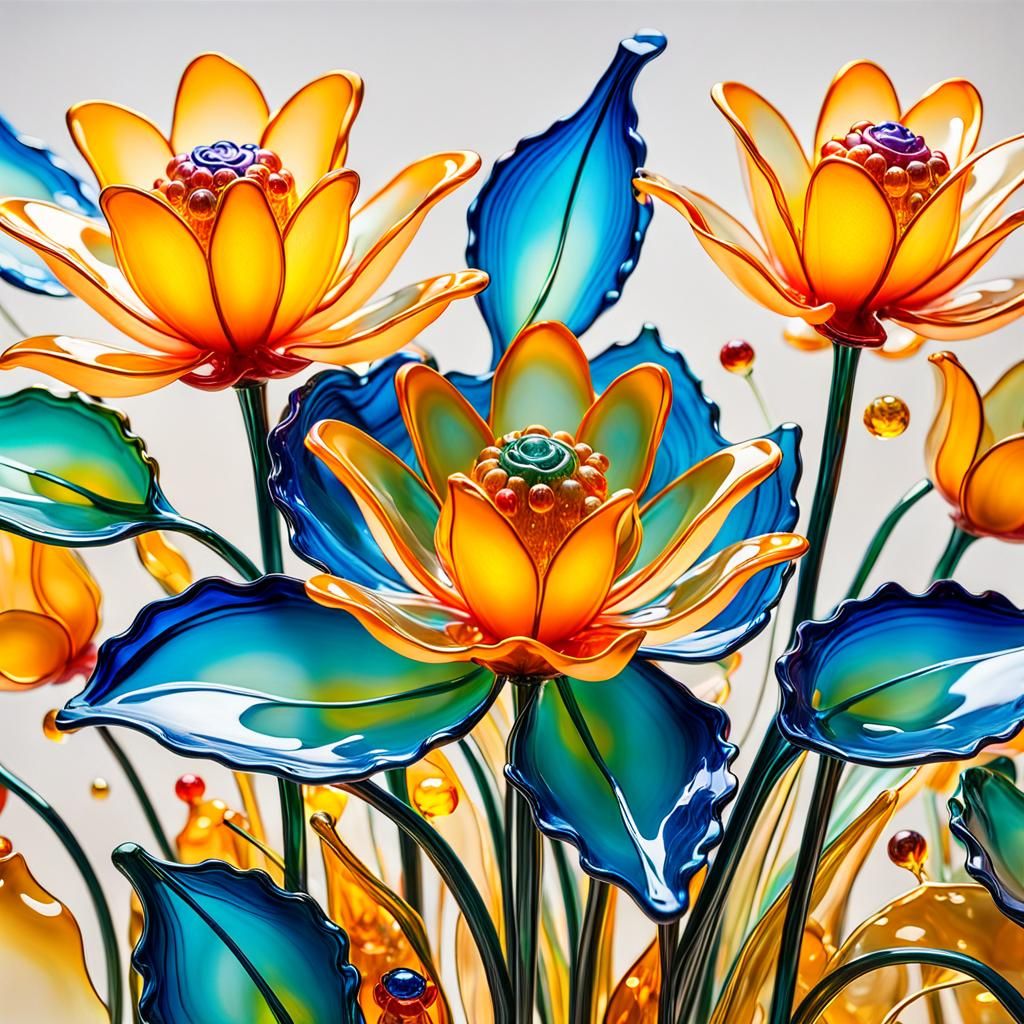 glass sculptures Dale Chihuly, flowers, surrealism surrealism Salvador Dali matte background melting oil on canvas