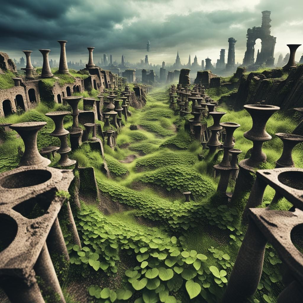 An army of hourglasses stretching to the horizon through a r...