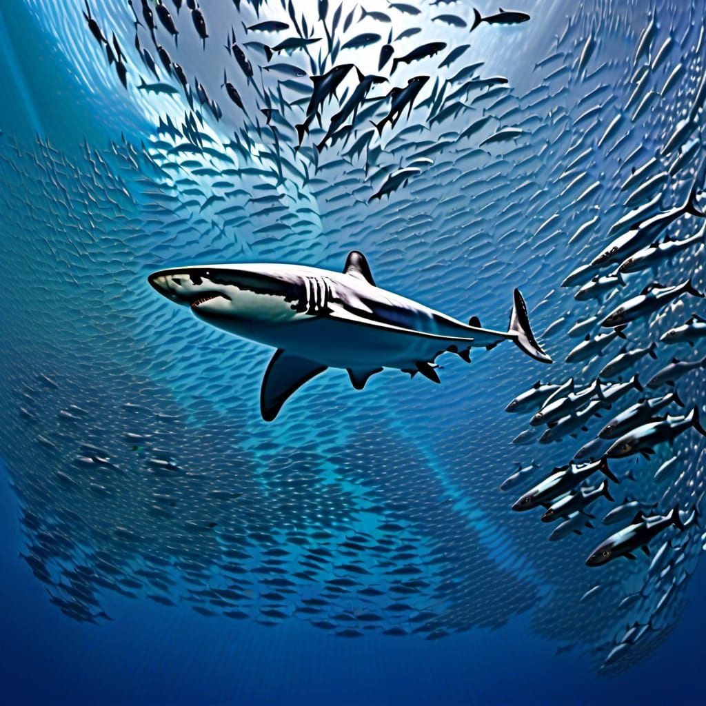 Futuristic mesmerizing underwater scene captured in a panoramic view, showcasing a dense school of silvery fish swimming in perfect synchron...