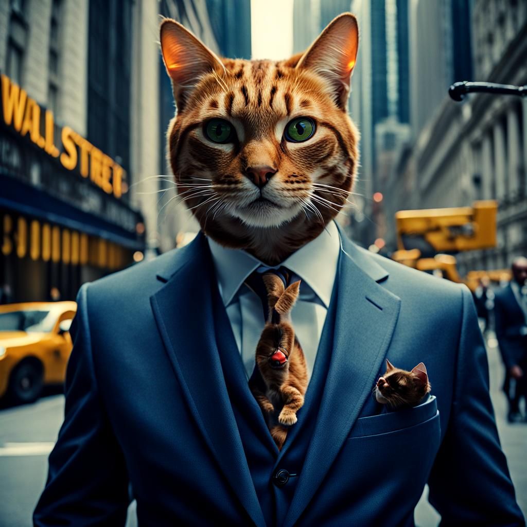 A fantastical feline in a business suit at wall street Cinematic film