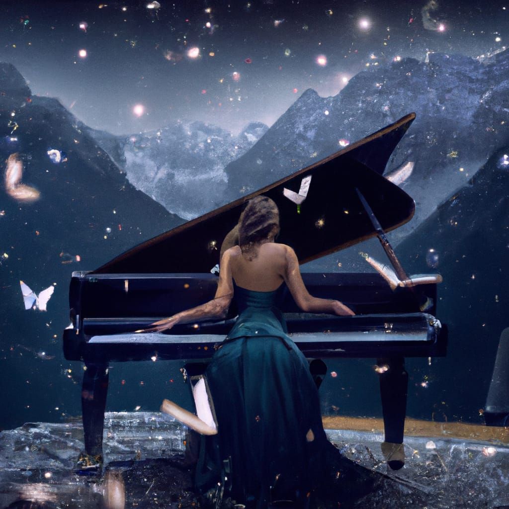 Beautiful woman in evening dress playing a grand piano in a the ...