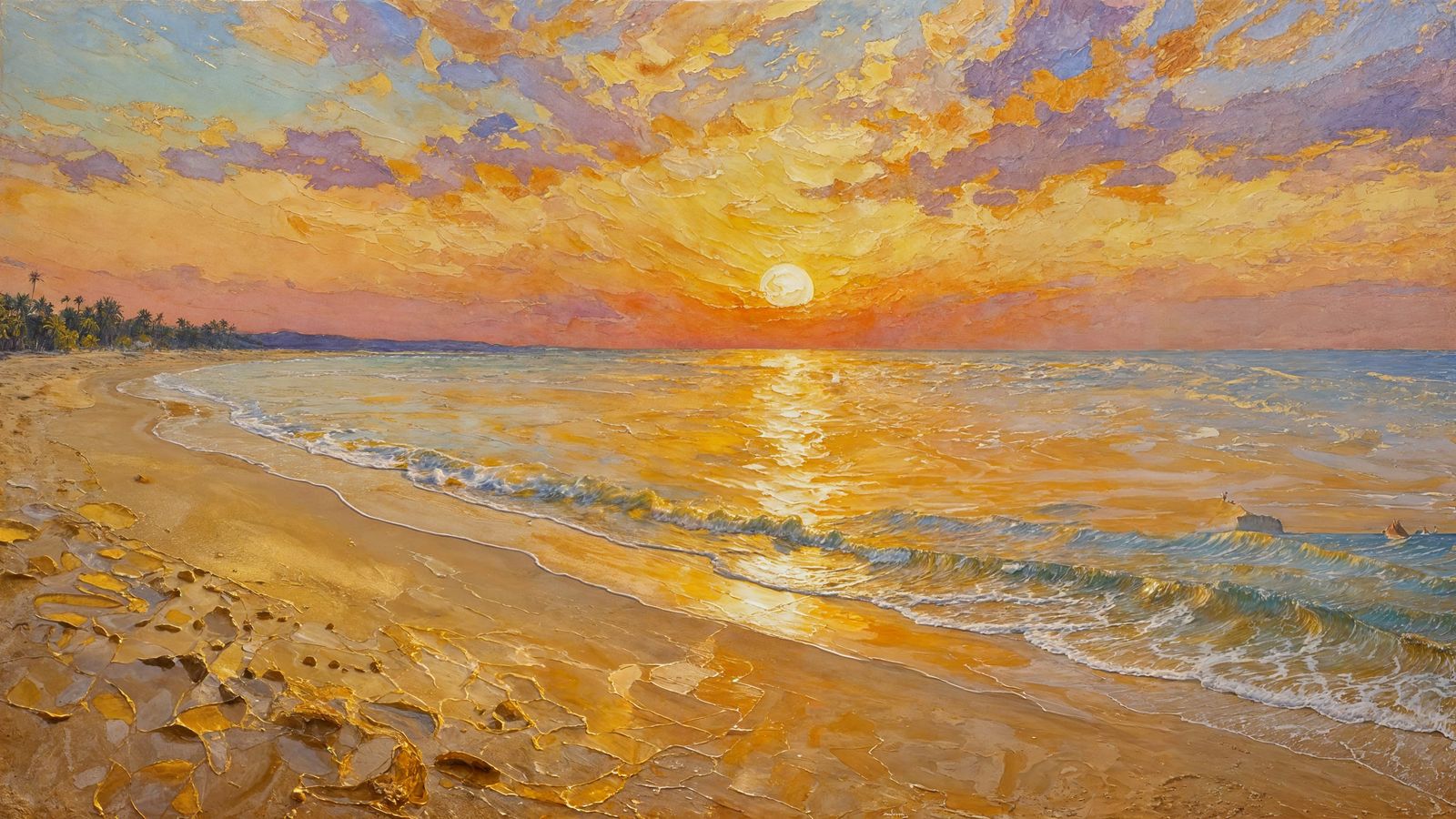 Impasto painting of a golden sunset over the beach  by @Alan