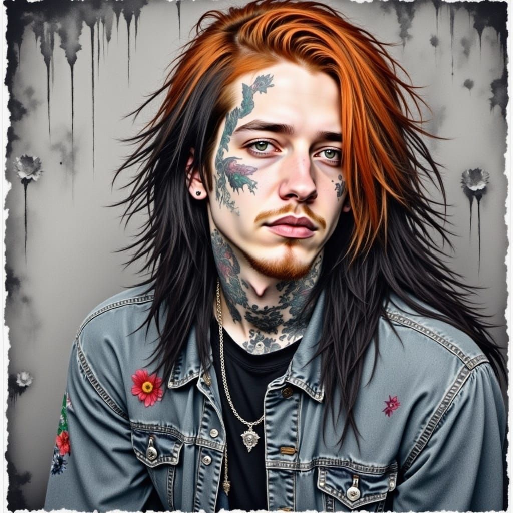 <lora:Scruffy Intensity:1.0> watercolor alcohol ink artistic portrait, young white man portrait, gray denim jacket, grunge, poster style, lo...