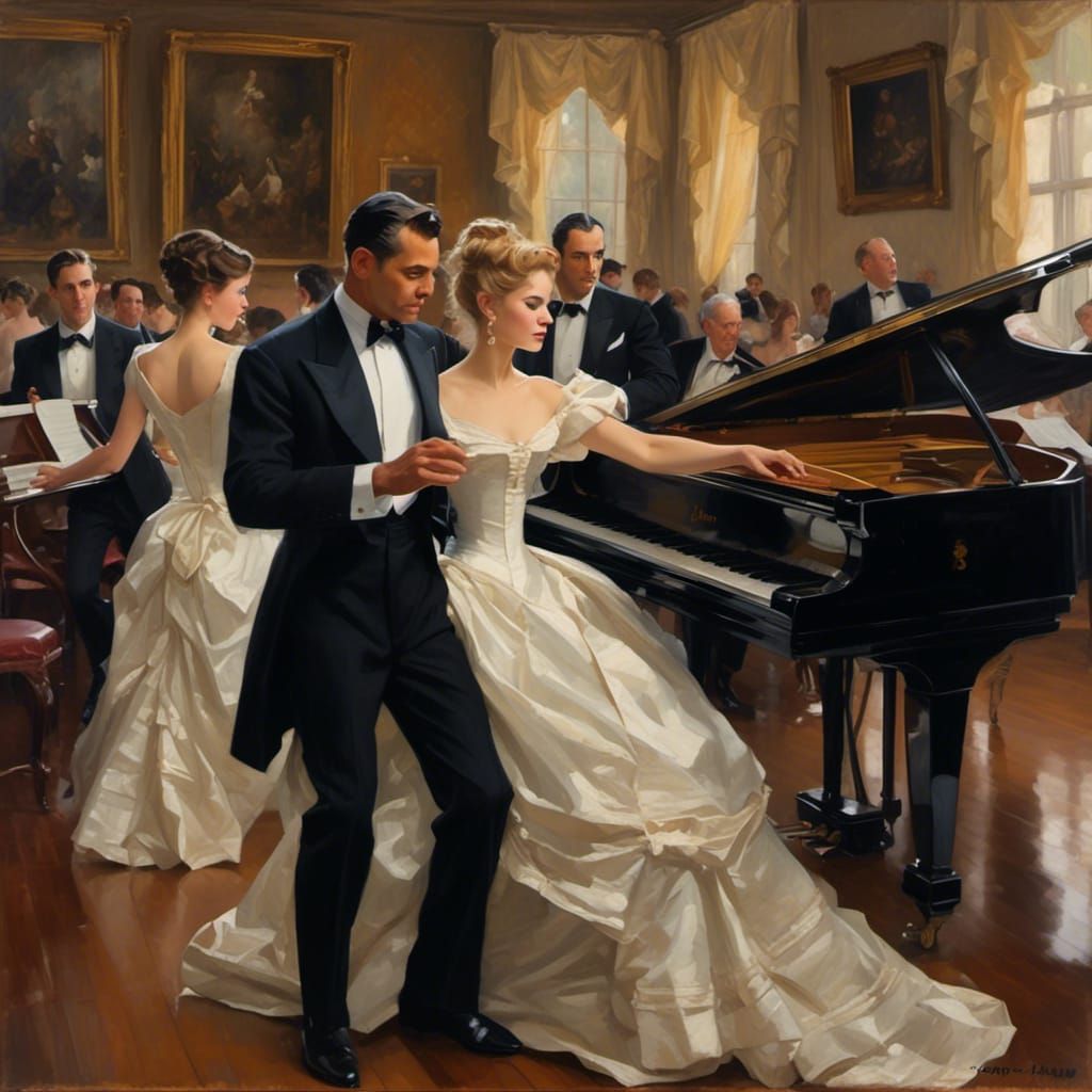 Men in black tie dress suits and women in colorful ball gown...
