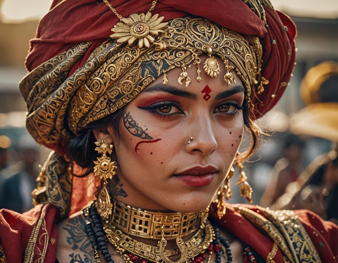 Beautiful woman with face tattoos in red turban wearing gold...