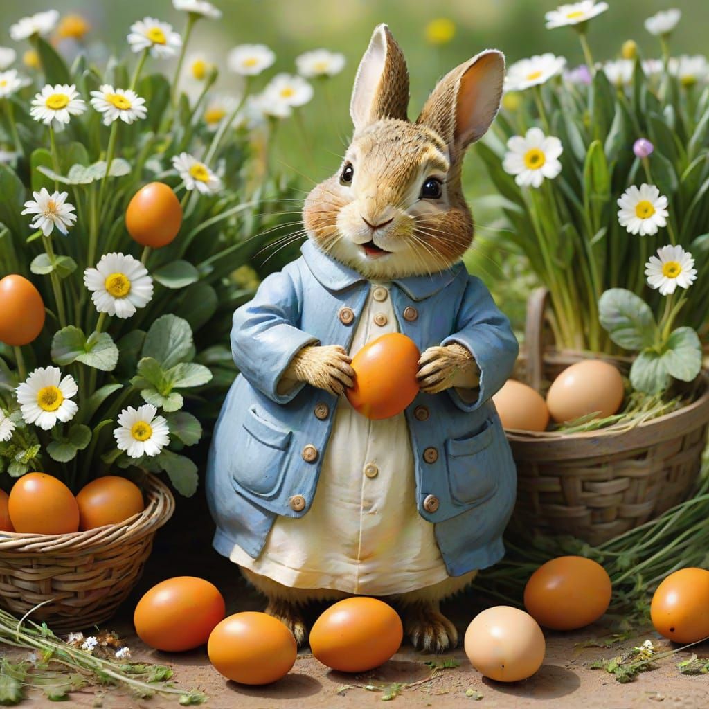 Un coniglio, stile Beatrix Potter, allegramente raccoglie, in un  orto, carote che sono a forma di uova ...  by @Sciu