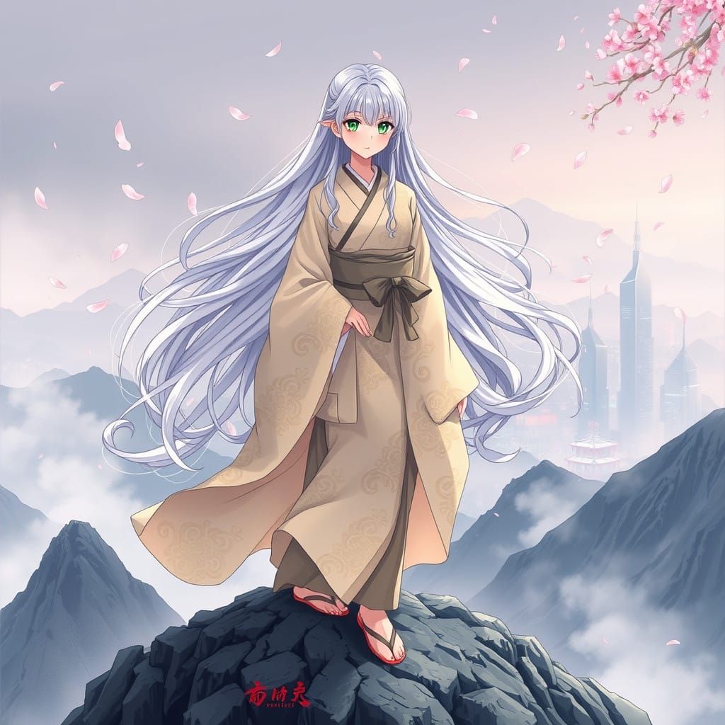 Silver-Haired Maiden Reigns Over Dreamy Anime Cityscape