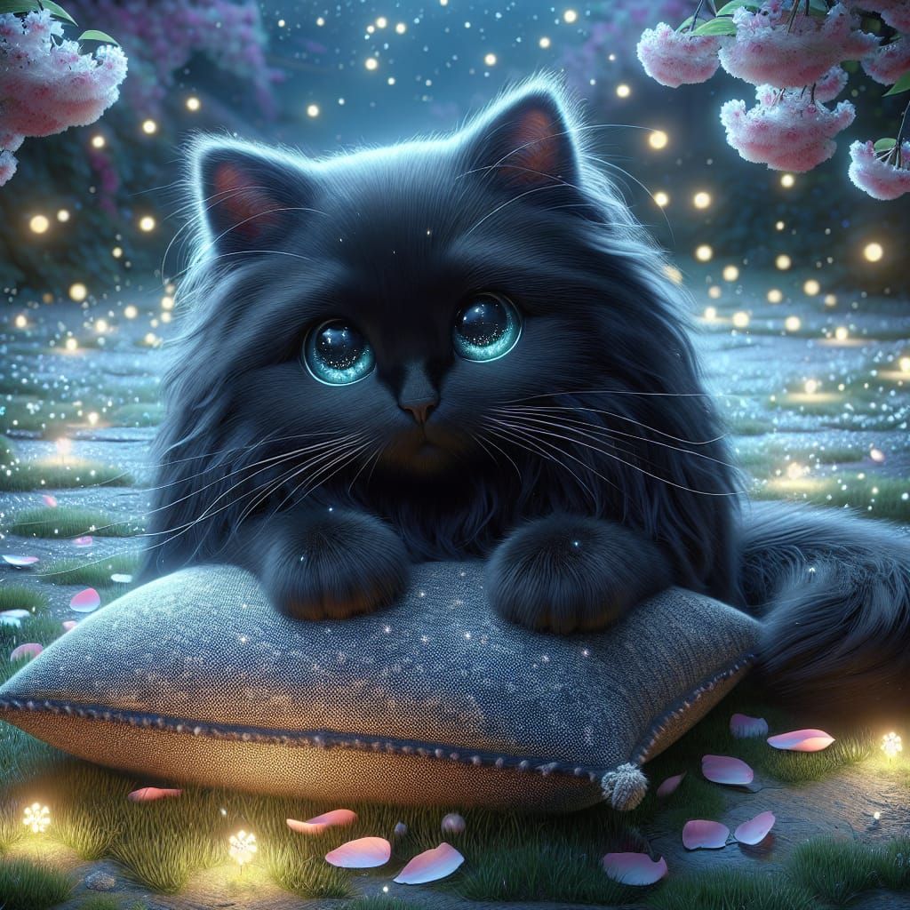 A hyper-realistic digital artwork of an adorable cute sad black cat hugging a pillow the ground, looking directly at the viewer with big and...