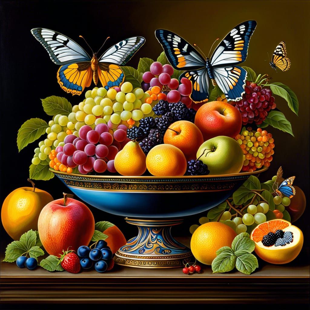 Still Life: Fruit Bowls With Butterflies