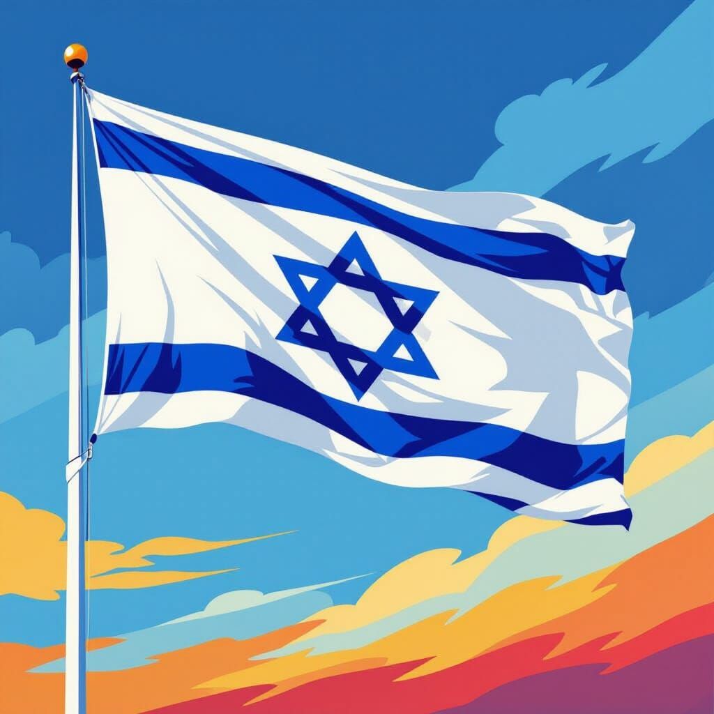 Israeli Flag Waving in Wind, Bold Geometric Style