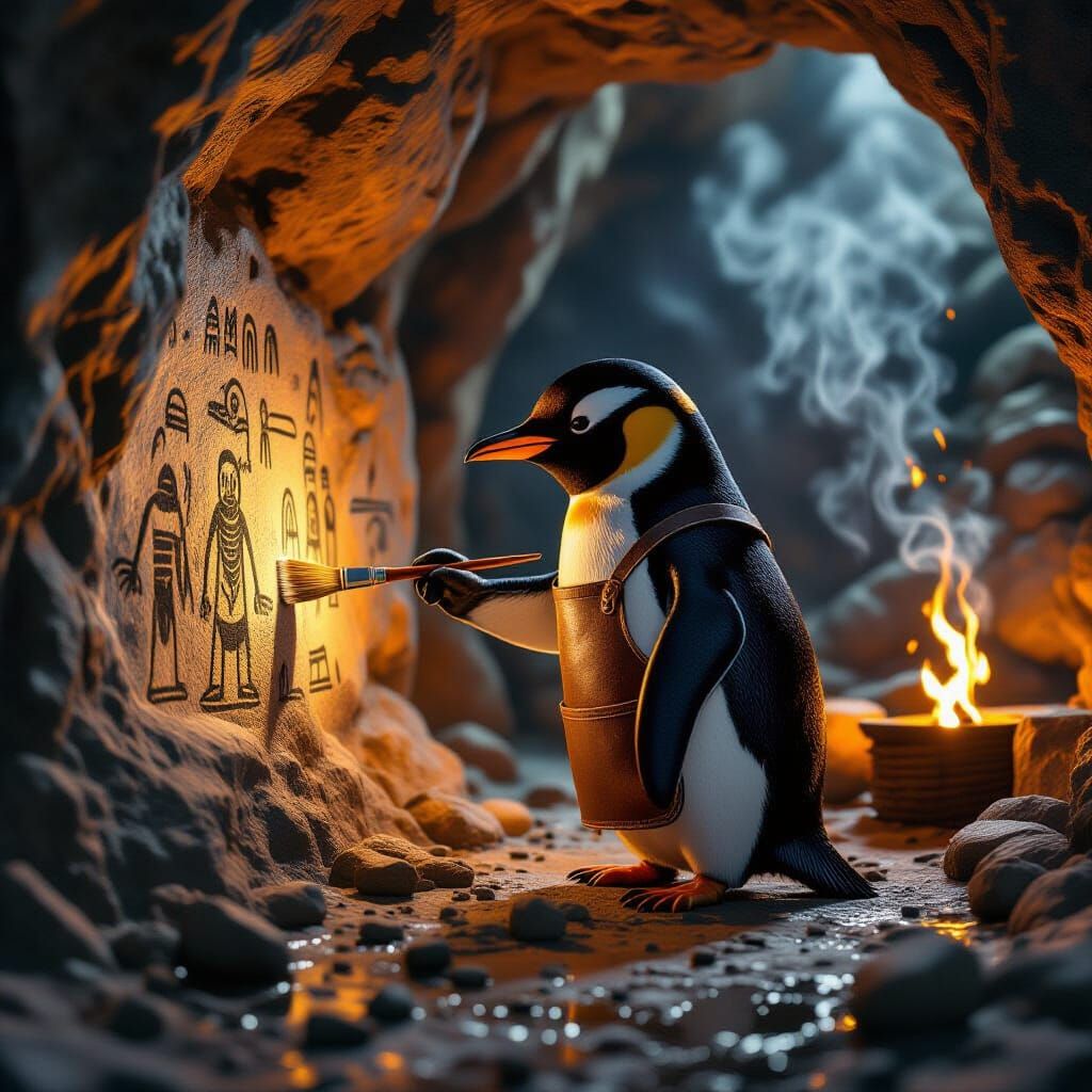 Penguin Cave Painter in 3D Realism