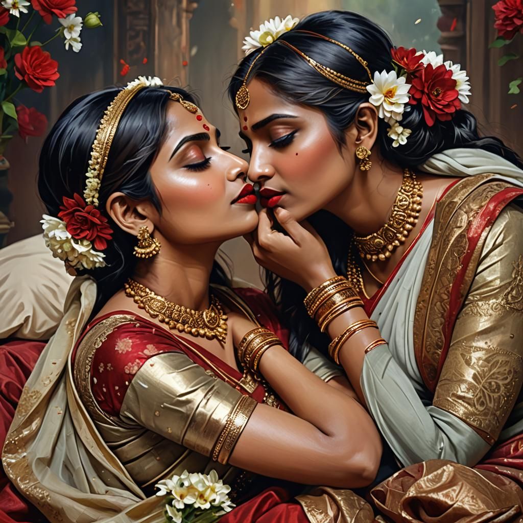 best quality)), ((masterpiece)), (detailed), 2 indian beautiful lesbian  women kissing each other on lips, wearing shiny saree, tight blous... - AI  Generated Artwork - NightCafe Creator