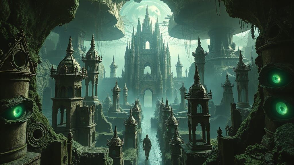 Green eyes, Trompe-l'œil or illusions that deceive the eye into perceiving depth or three-dimensional effects, eerie world, different view p...