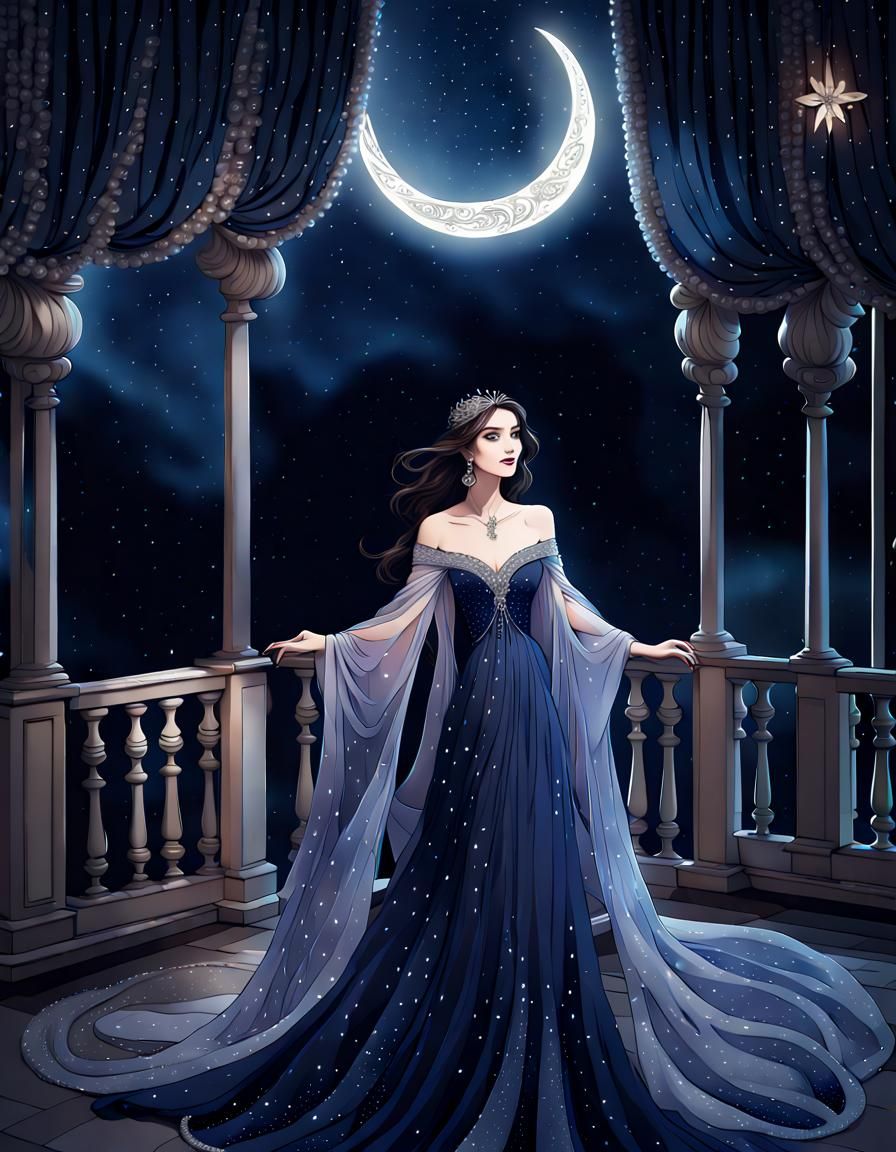 Cosmic Princess on Moonlit Balcony in Digital Painting