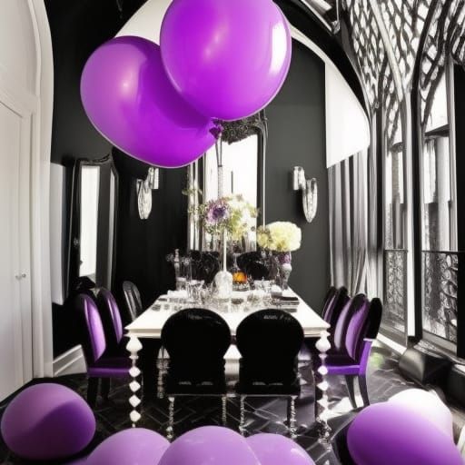 Gothic penthouse with Black walls with vibrant purple accent...