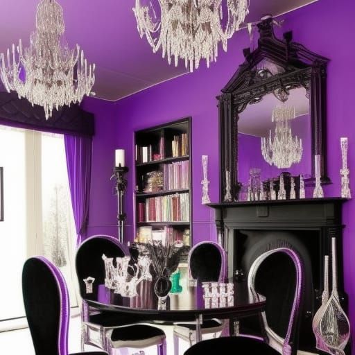 Gothic penthouse with Black walls with vibrant purple accent...