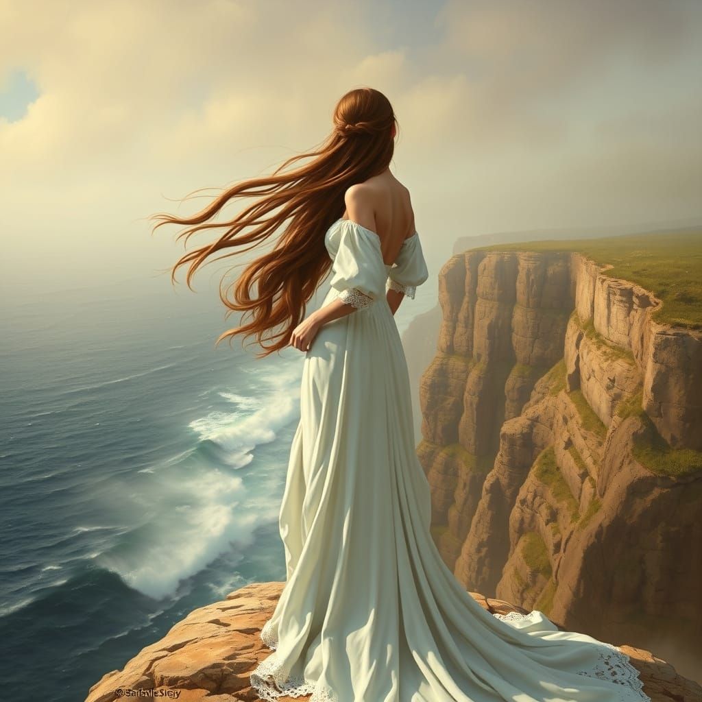 Woman of Enchantment on Cliffside with Whimsical Ocean View