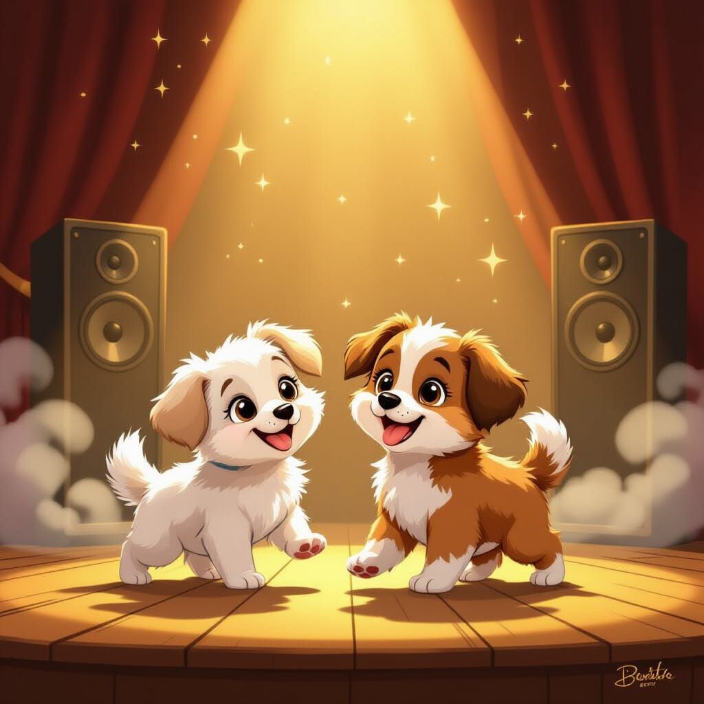 Joyful Puppies Dancing on Stage in Golden Spotlight