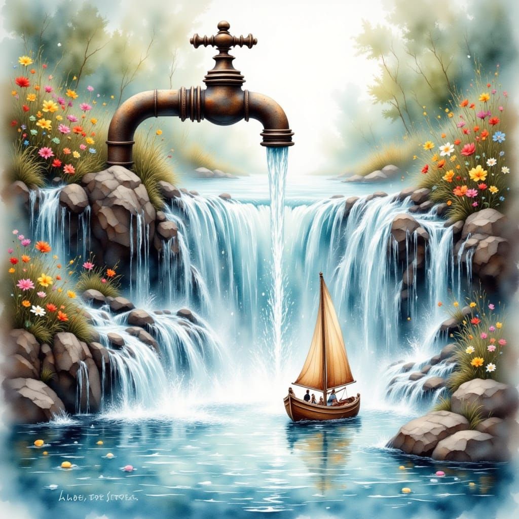 Whimsical Waterfall From Ornate Faucet in Watercolor Style
