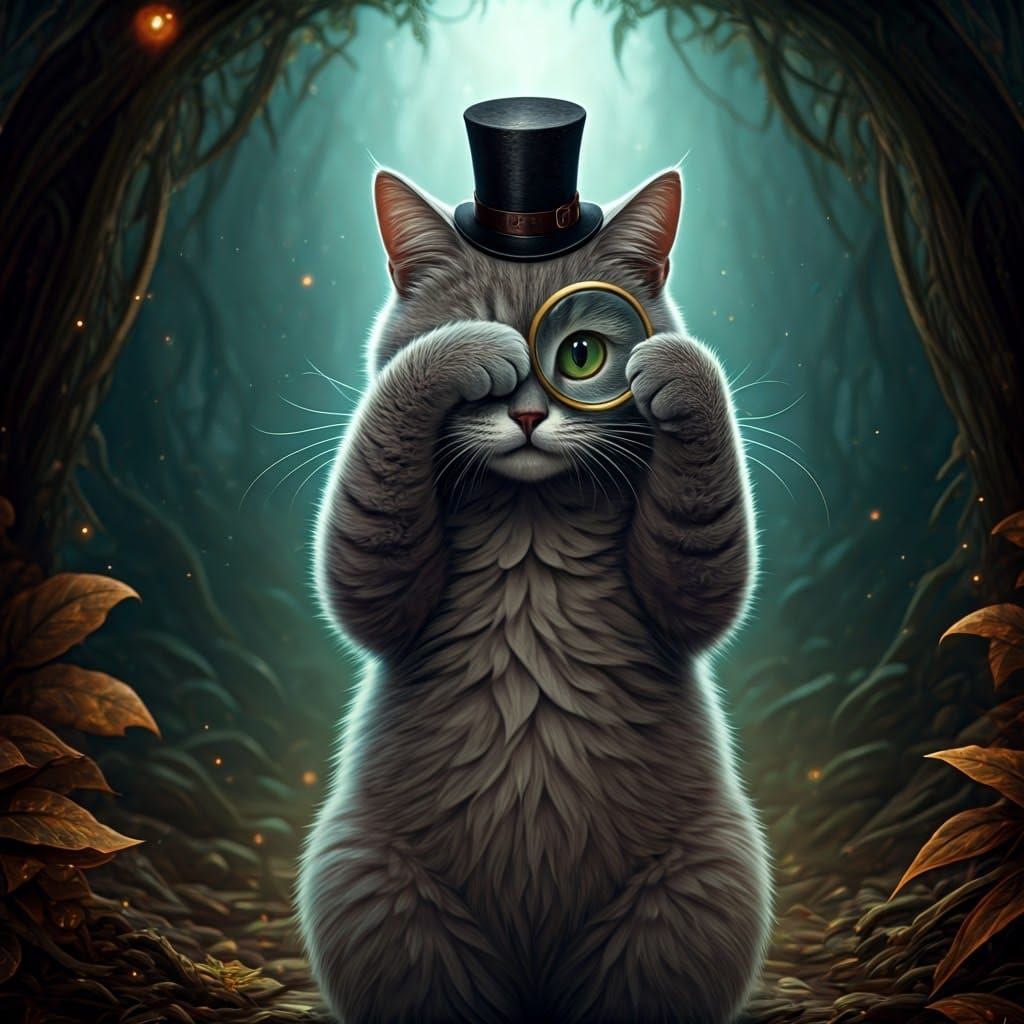 Whimsical Cat Gazing Through Lens, Fantasy Art