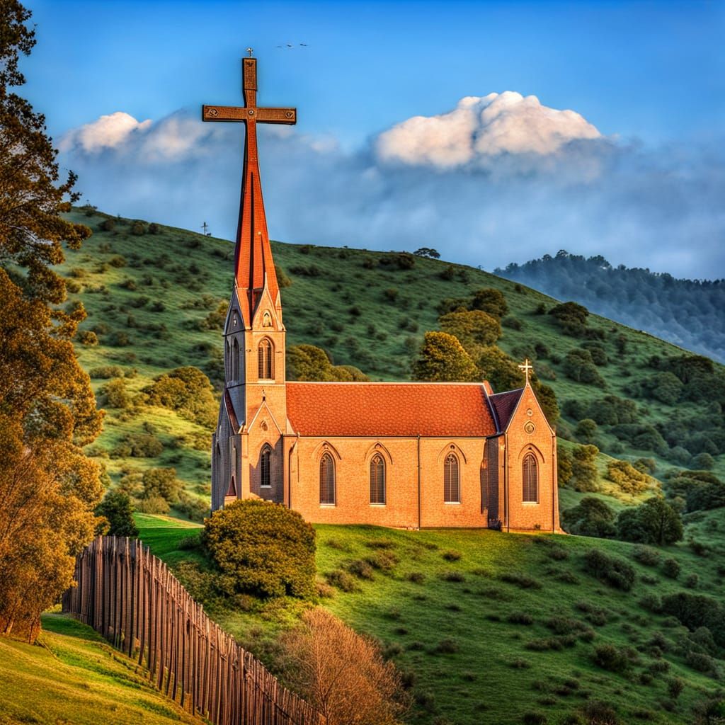 A church with a cross on a hill. Intricate details, HDR, beautifully shot, hyperrealistic, sharp focus, 64 megapixels, nice composition, hig...