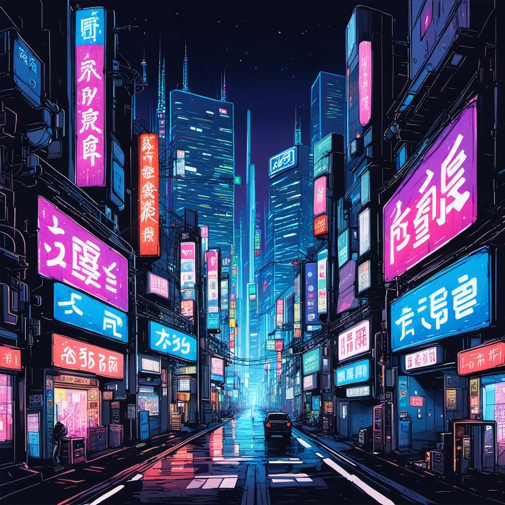 Tokyo City at Night in Cyberpunk Impressionism
