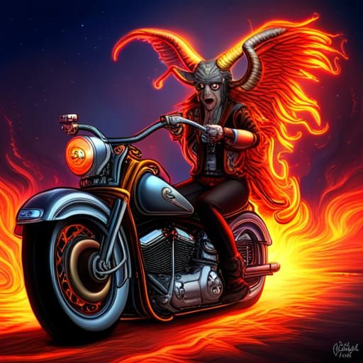 Baphomet riding a Harley davidson fire out back of motercycle highly ...