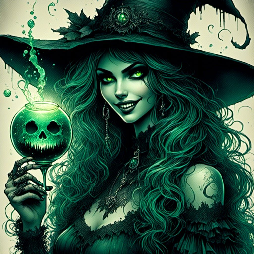 <lora:Gothipunk Vampires 2:1.0> <lora:HRH-moody-ink:1.0> A close-up of a friendly witch with glowing green eyes and a mischievous grin, hold...