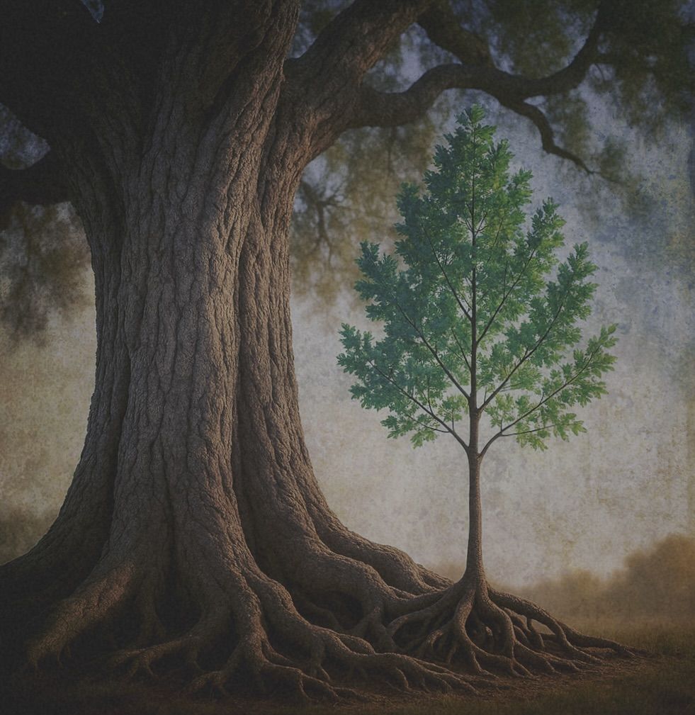 A majestic ancient tree stands alongside a vibrant young sap...