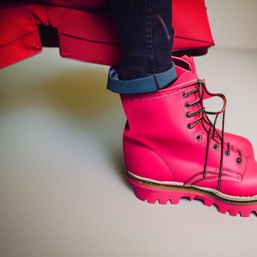 Full shot long shot wide shot tall pink steel toed work boot...