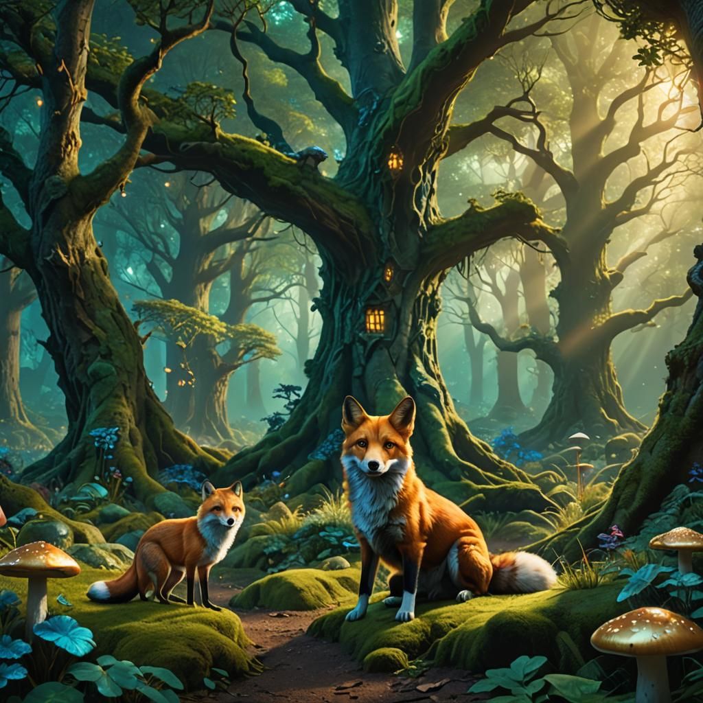 A dog meeting a fox in the forest