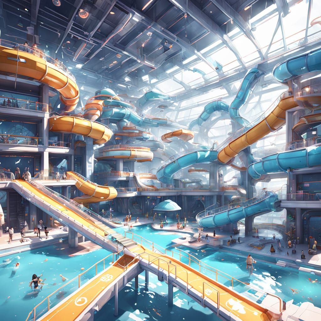 A futuristic indoor waterpark with futuristic pools and water slides