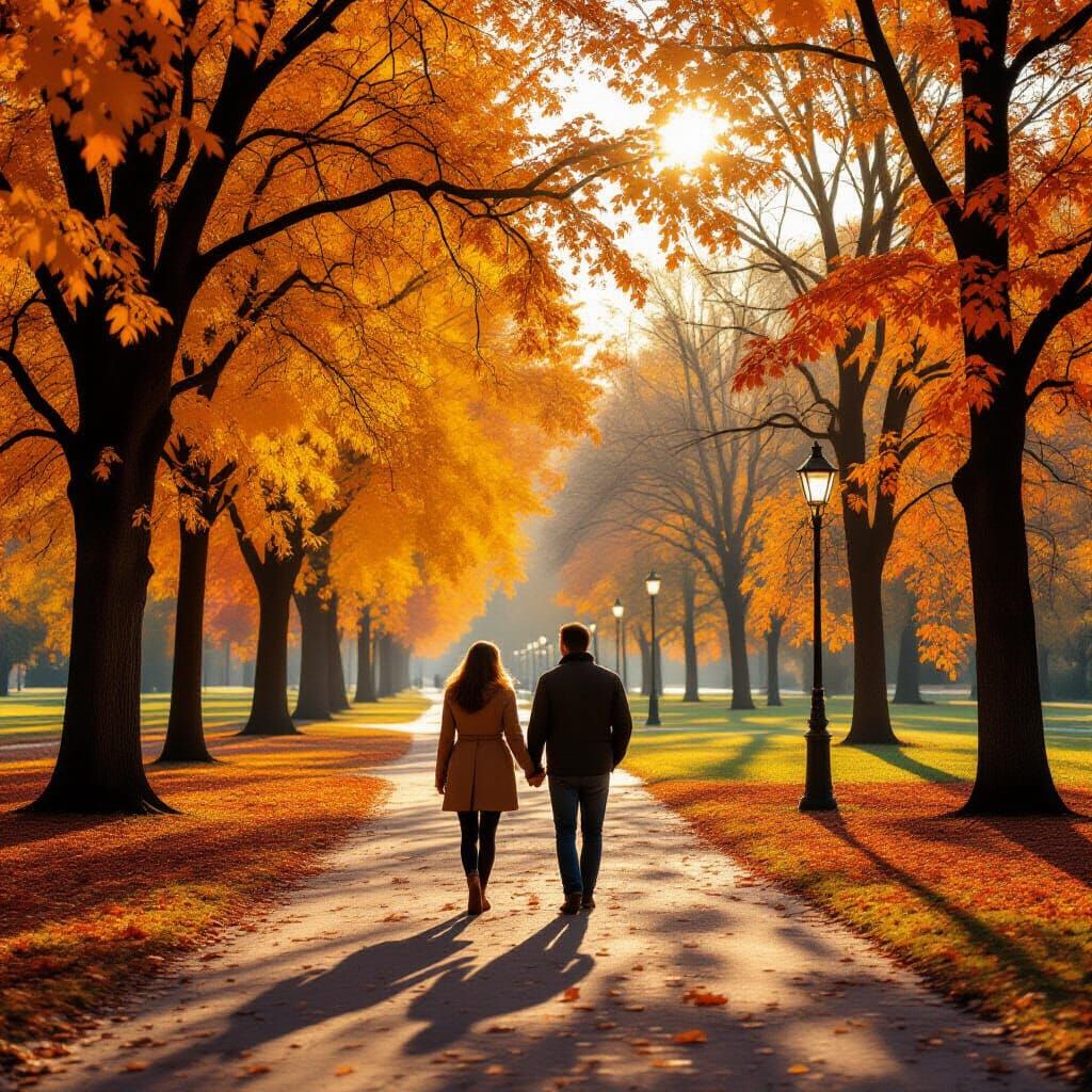 A couple enjoys a romantic stroll through a park filled with trees ablaze in autumn colors. Golden sunlight ...  by @lazarosv