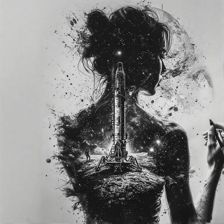 Double exposure Mars landing tattoo sheet on model.