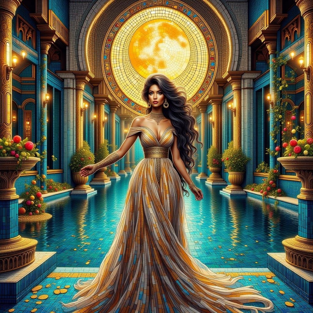 <lora:MOSAIC IN BEAUTY:1.0> A regal Persian goddess draped in a flowing silk-chiffon hijab that shimmers like liquid moonlight, every fold c...