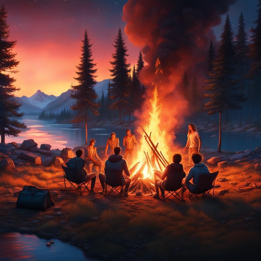 8k realistic, night time campers around a huge bonfire Hyperrealistic ...